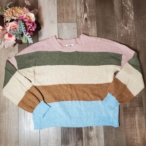 Love Knits NYC Cozy Striped Knit Colorblock Sweater Pink Blue Cream Green Brown